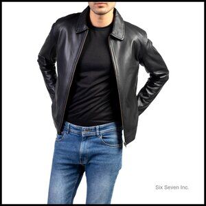 Premium Lambskin Leather Jacket Men Polo Collar Biker Style